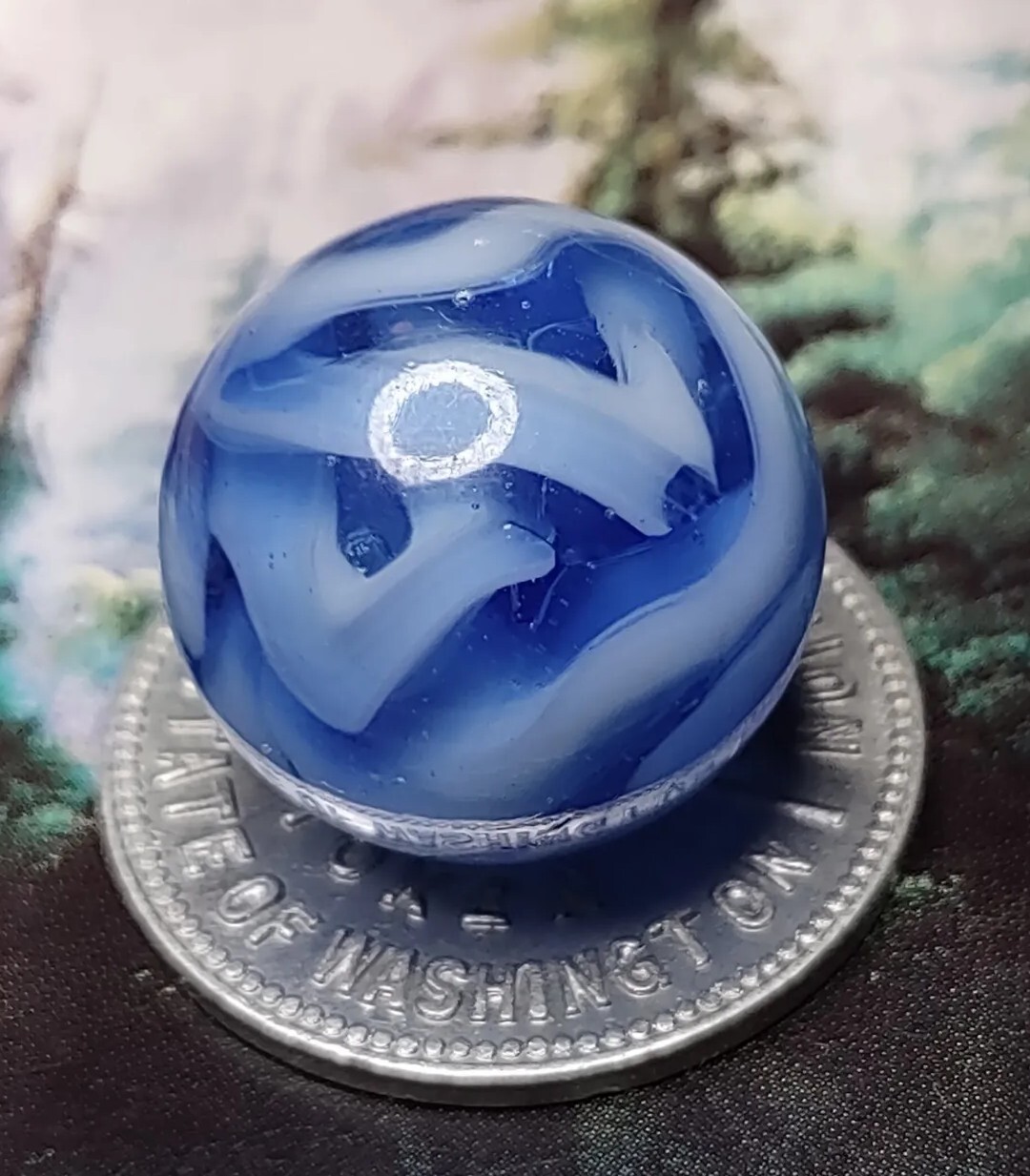Transparent Blue & White Wire Pull SWIRL Alley Agate Glass Vintage Marbles .67″
