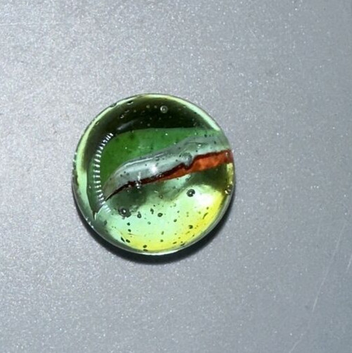 Vintage Large Shooter Marble 7/8″Clear Orange Tri Color Ribbon Glass W Bubbles