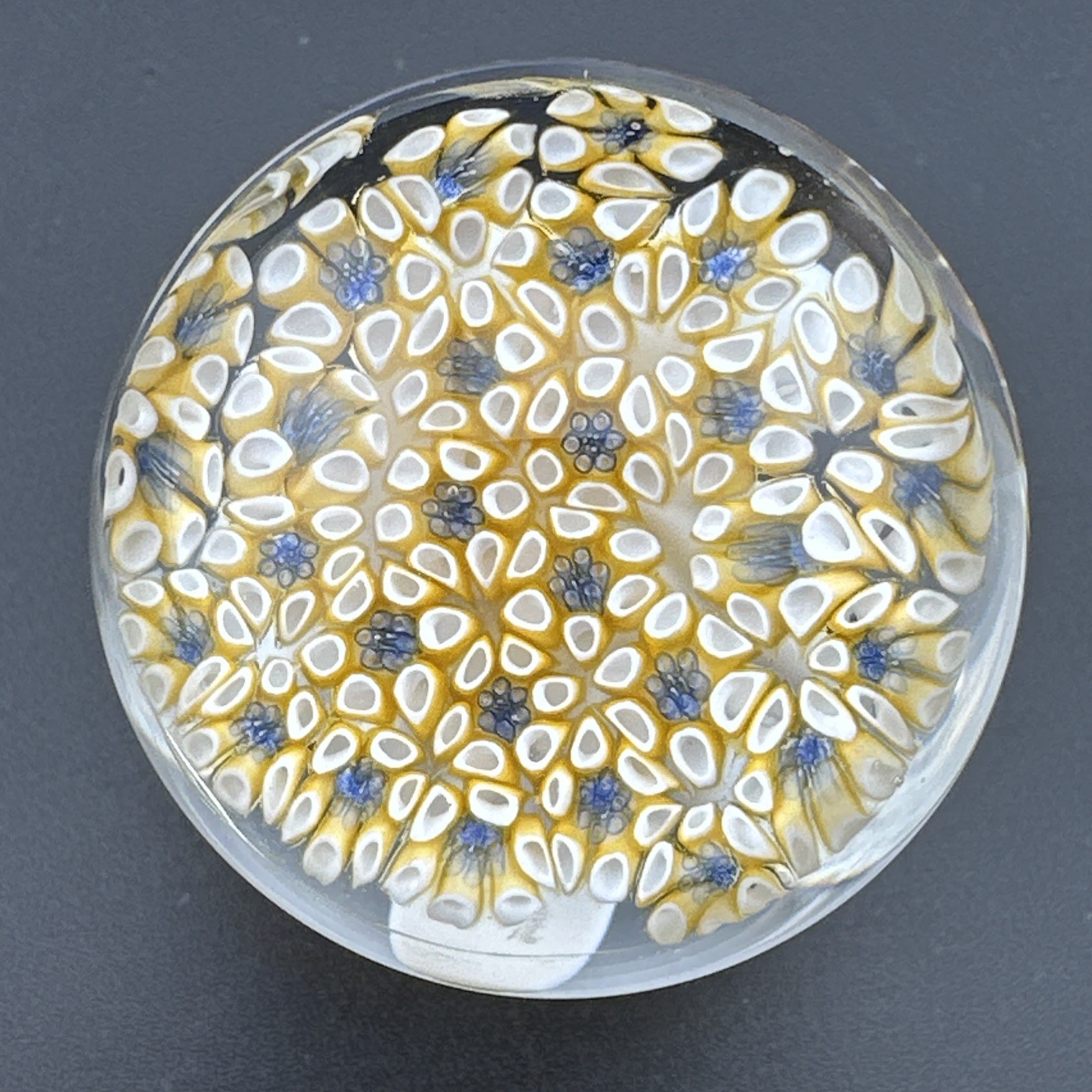 Contemporary Handmade Art Glass Marble 1.52″ White Floral Monster Flower MIB