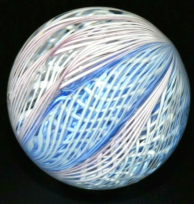 JEFF MENTUCK GLASS MARBLE/1.703″-12 CANE FILIGRANA PEPPERMINT-PINK,BABY-BLUE,WHT