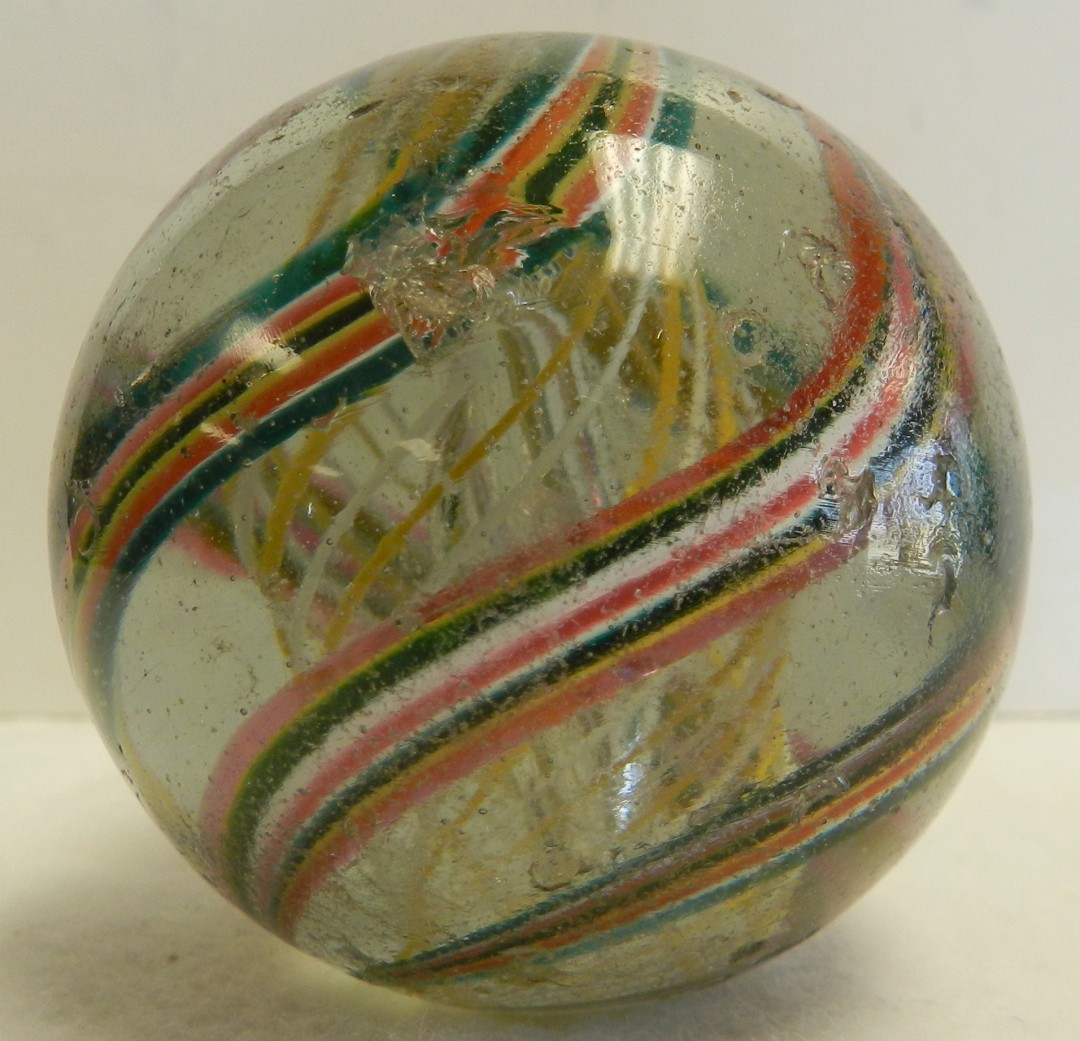 #20897m Huge 2.08 Inches Vintage German Handmade 2 Color Latticino Marble