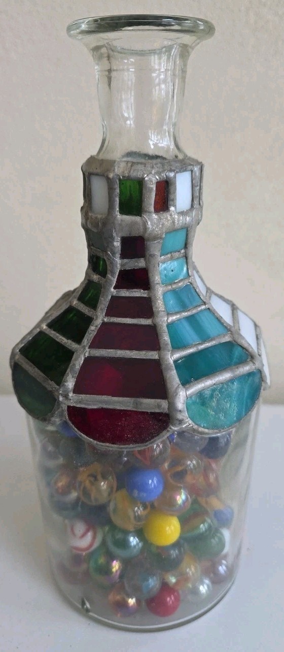 VTG Antique Marble & Dice Collection Stain Glass Panels 9.5″ Bottle D-379