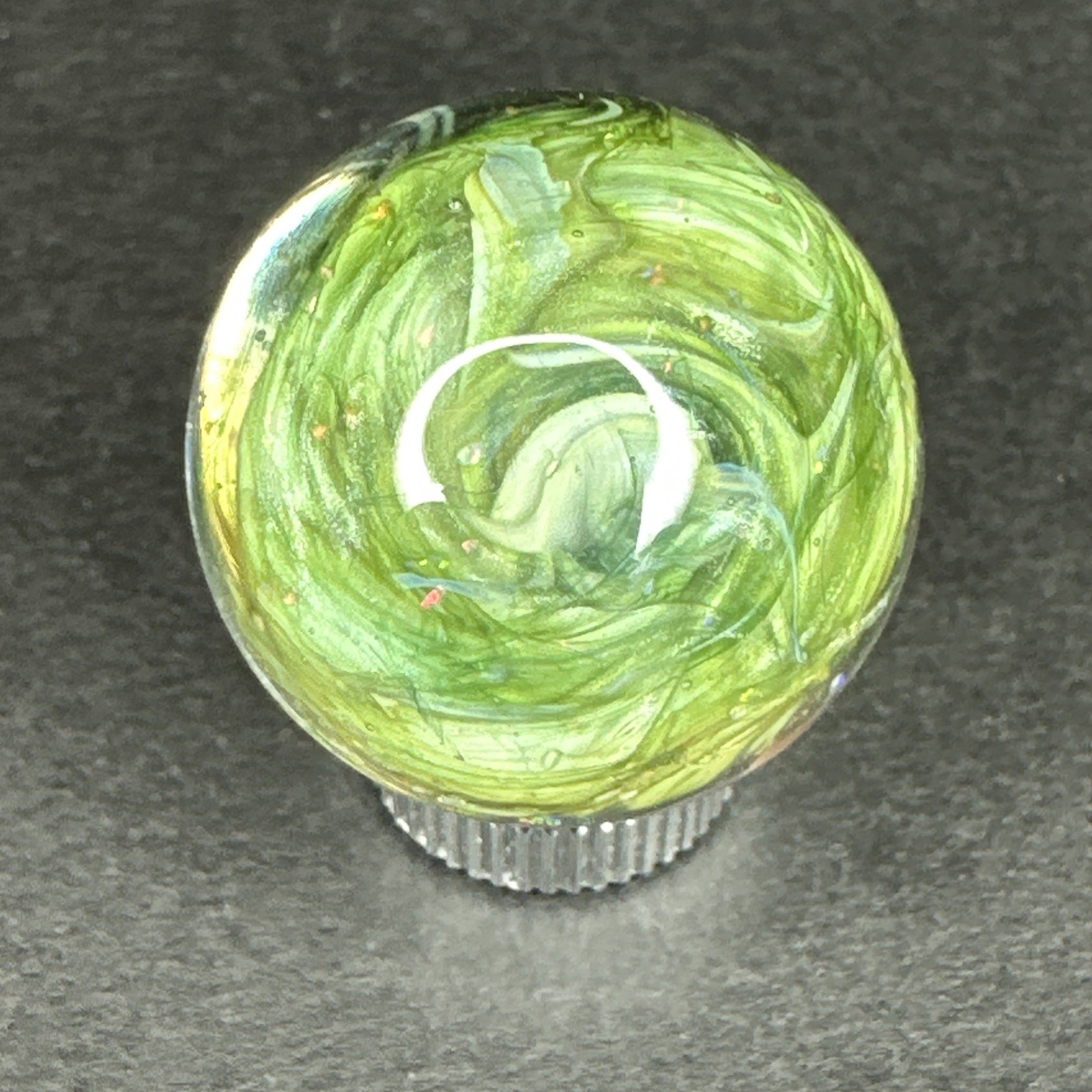 Contemporary Handmade Art Glass Marble 1.02″ Shimmering Green Blue Vortex MIB