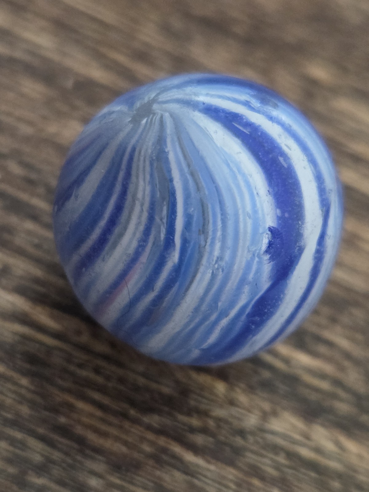 Vintage Handmade .82″ German Blue Onionskin Marble White Aysmmetric Pink Streak