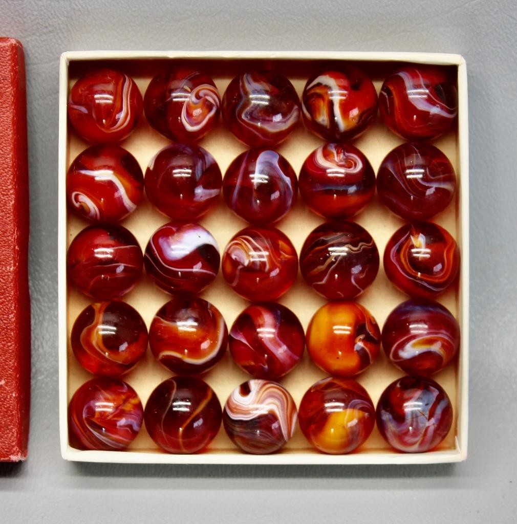 RARE BOX OF 25 AKRO AGATE NO. 0 CARDINAL RED MARBLES • EXCELLENT CONDITION