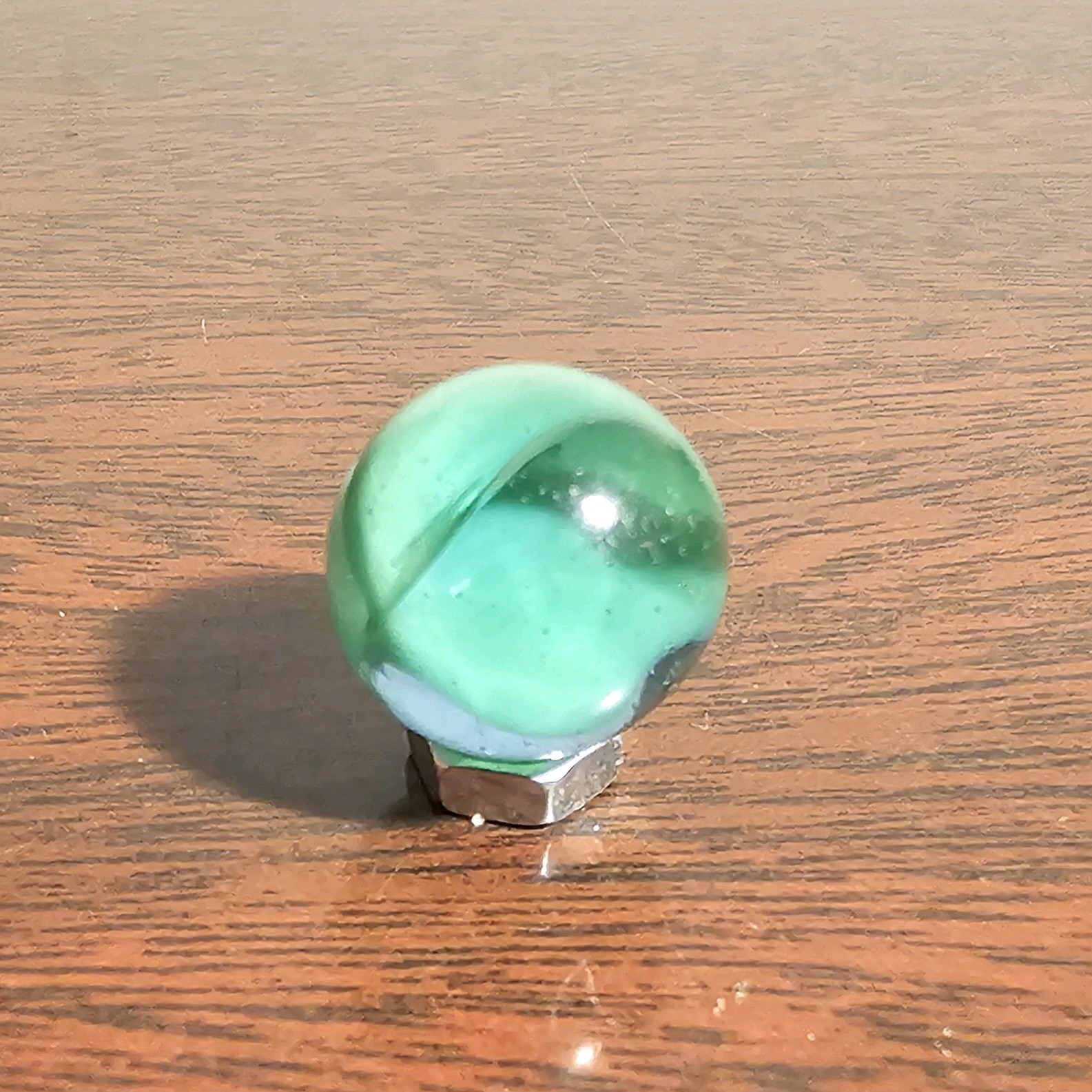 C E Bogard Floppy Green Uranium Glow 4 Lobe Cats Eye Clear Glass .625 Marble