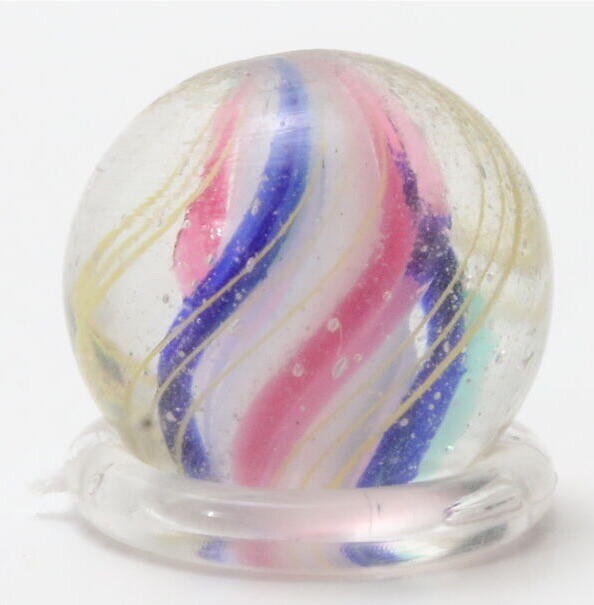 Vintage German Swirl Core 5/8″ Blue White Yellow Pink Hand Made Glass Marble