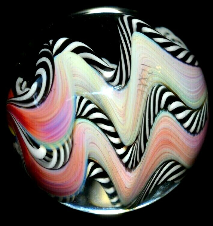 ERIC BROCK GLASS MARBLE/1.716″-FILIGRANA RAINBOW TOTEM POLE-4 FILIGRANA RIBBONS-