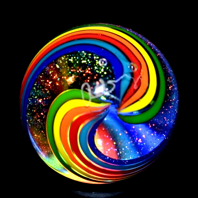JAMES ALLOWAY GLASS MARBLE/1.236″-DICHROIC DOUBLE SWIRL #3560-LIME,YELLOW,ORANGE