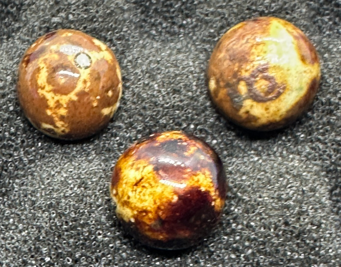 3 ANTIQUE BENNINGTON MARBLES BROWN FANCY 1800’s HANDMADE salt GLAZED set