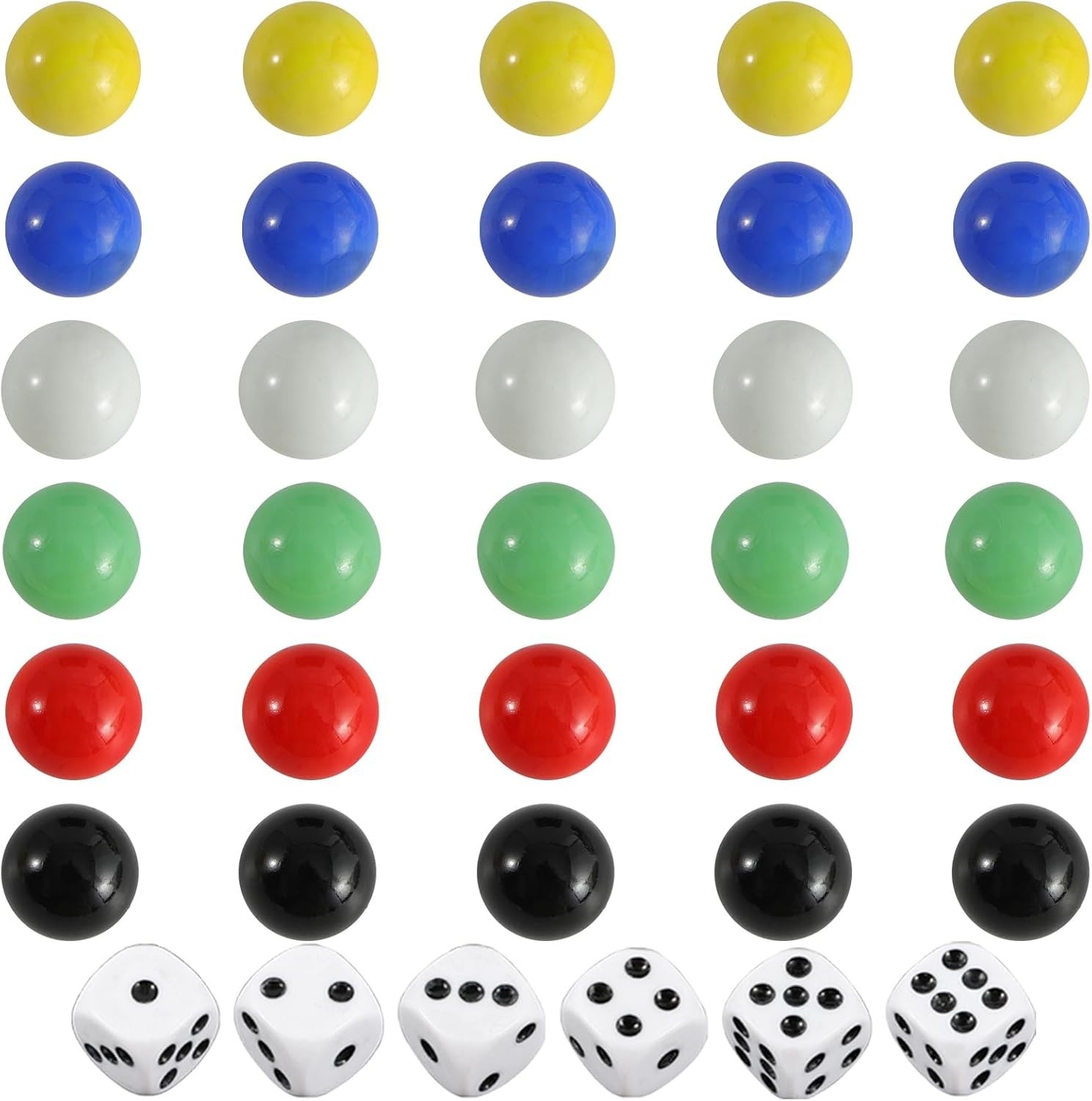 30 PCS Glass Marbles 6 Colors for Wahoo Marble Games and 6 Dices 0.63inches