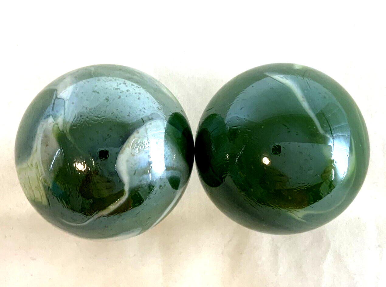 2 MAMMOTH 42mm FUNGUS Marbles 1 5/8″ glass ball Green White Iridescent LARGE