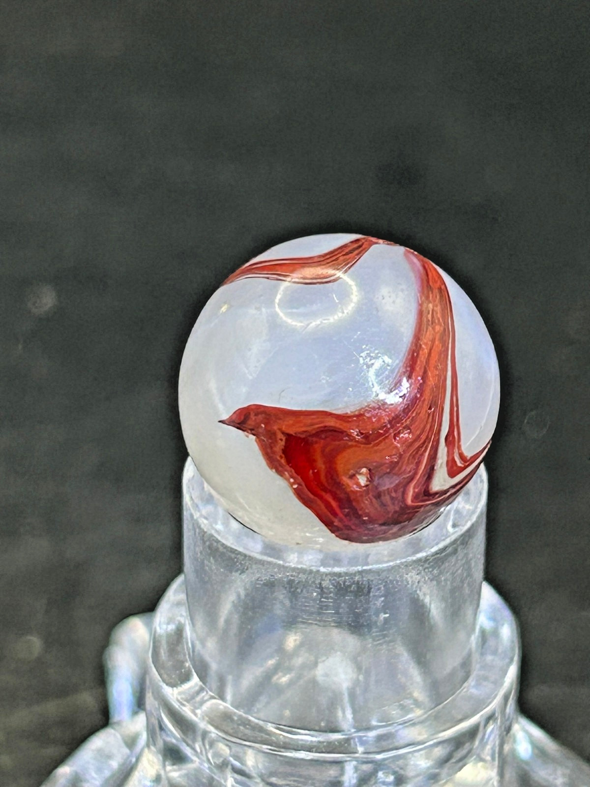 Vintage Akro Agate Silver Oxblood Red/White Swirl Marble, .61″, Near Mint, #OB12