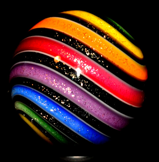 HOT HOUSE GLASS MARBLE/1.480″-RAINBOW & BLACK DICHROIC-YELLOW,LIME,BLUE,RED+