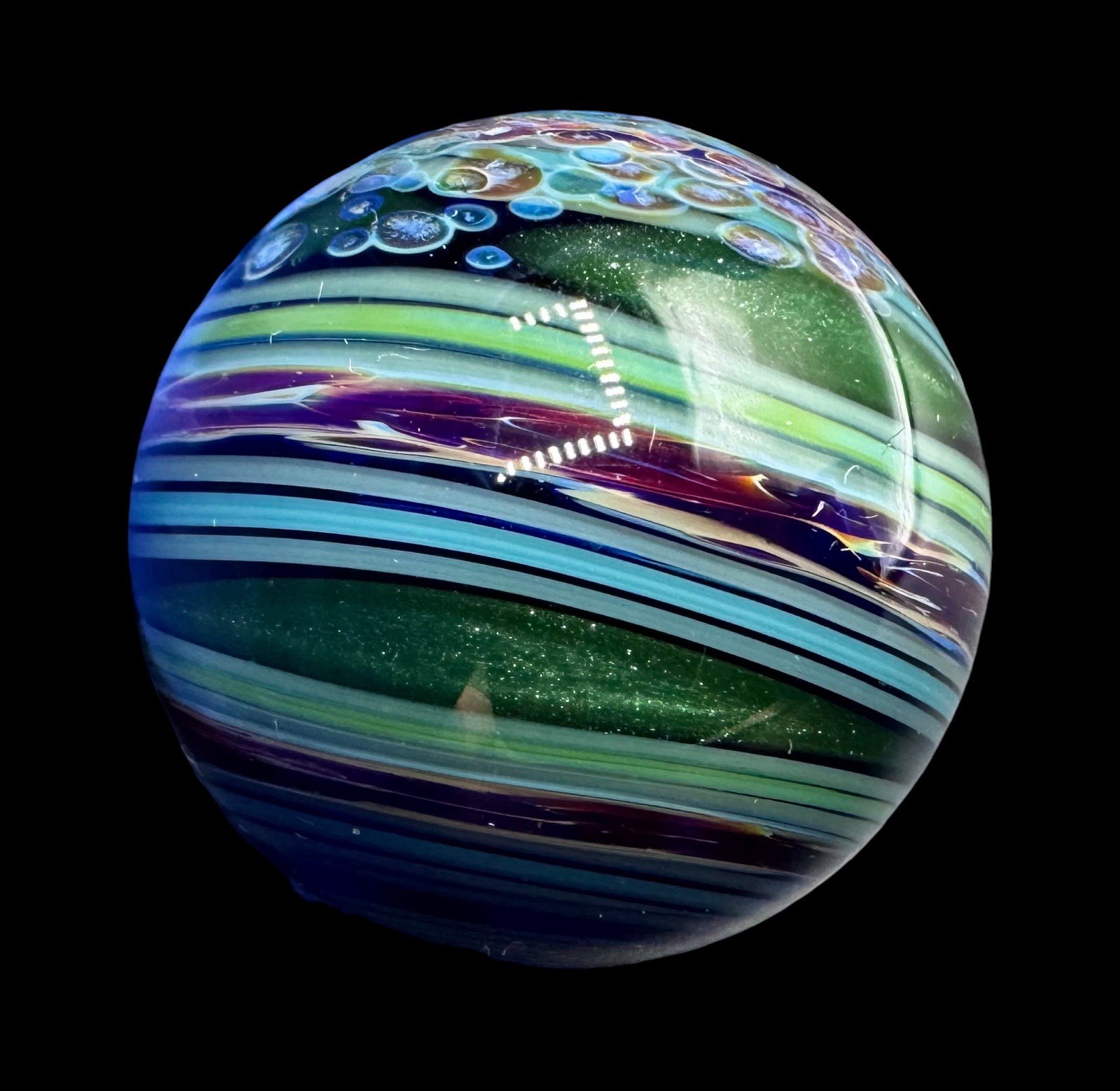 Contemporary Handmade Art Glass Marble 1.03″ Planet Blue Purple Green Lutz Swirl