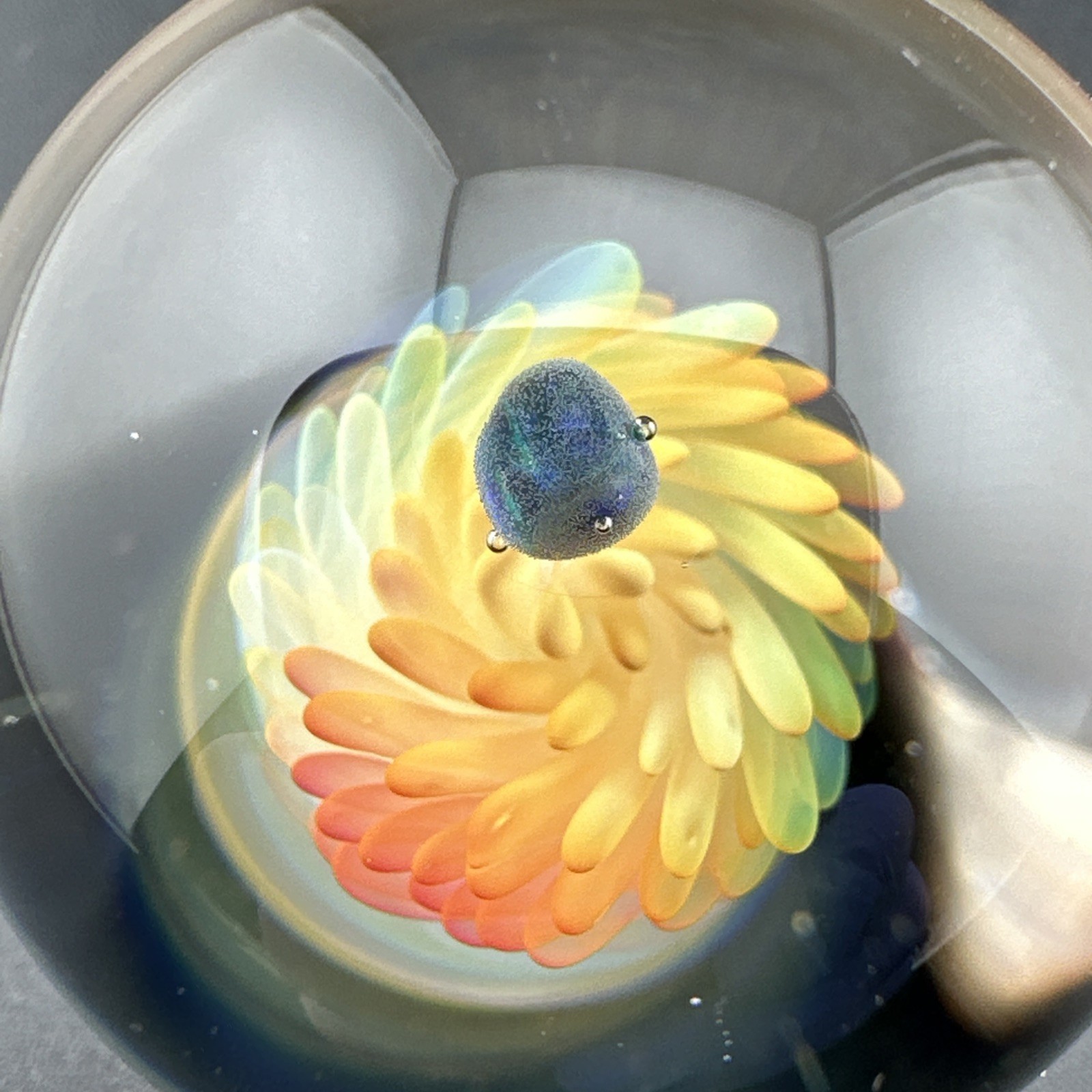Contemporary Handmade Art Glass Marble 1.26″ Fumed Spiral Swirl + Opal, Boro MIB