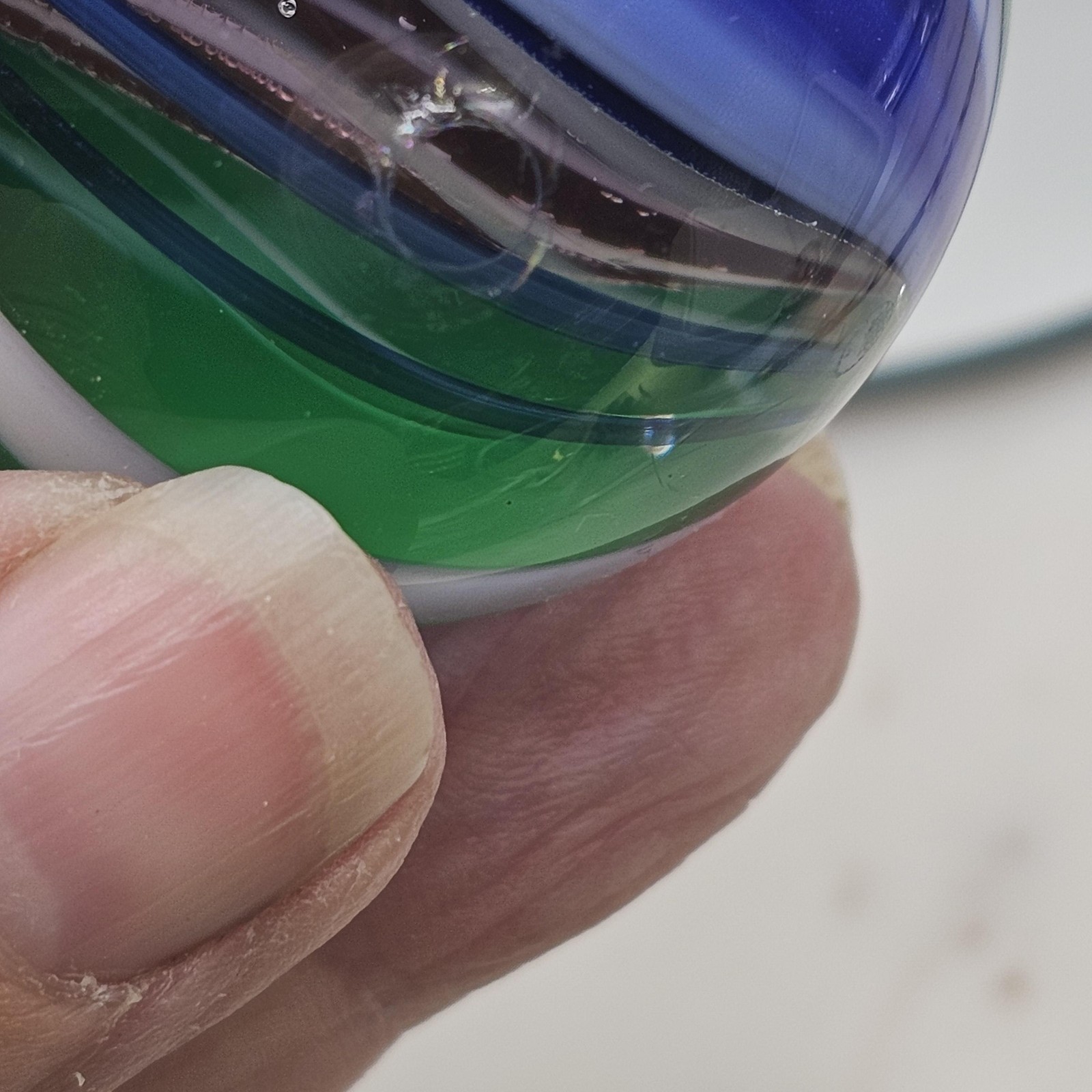 Hand Blown Art Glass Paperweight 47 mm Swirl Sphere Blue Green White Marble Orb