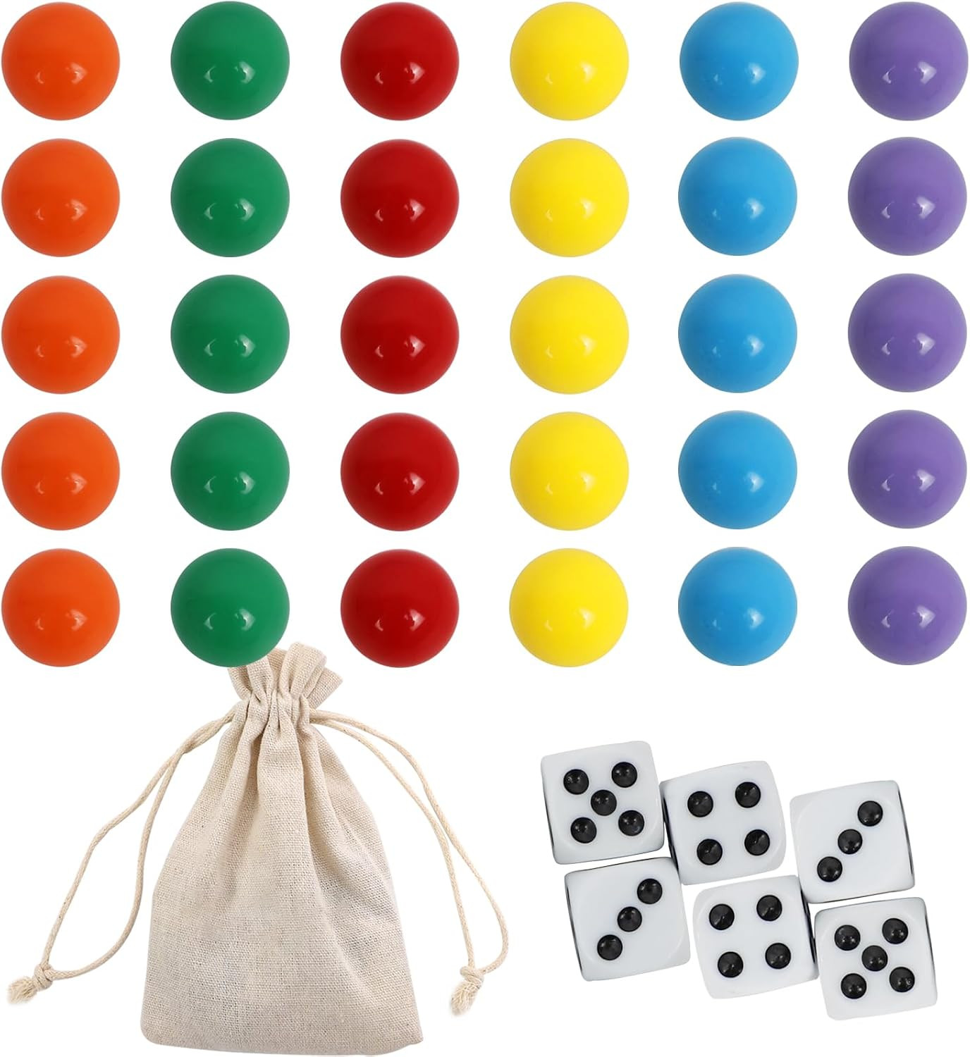 0.71Inch 30 Wahoo Marbles & 6 Dice Set, 5 of Each 6 Colors, 18Mm Replacement Mar