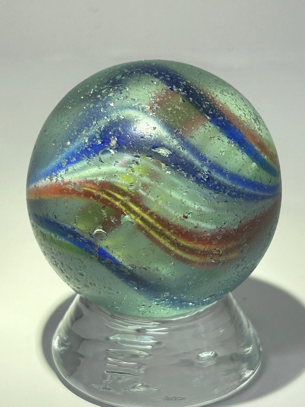 Antique German Handmade Divided Core Jelly Ribbon Swirl Marble 1-51/64″ NM E3.15