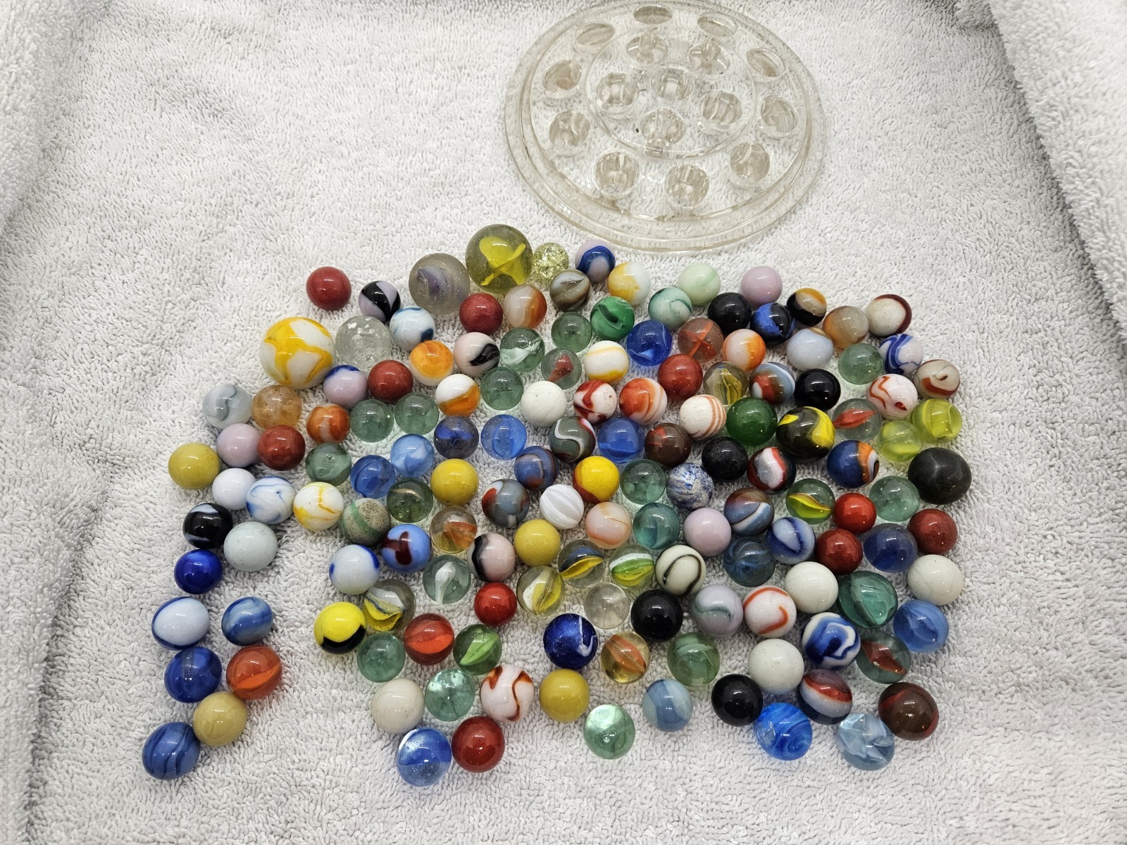 Antique Lot Glass Marbles with Glass Display Stand – Some Glow Under Black Light