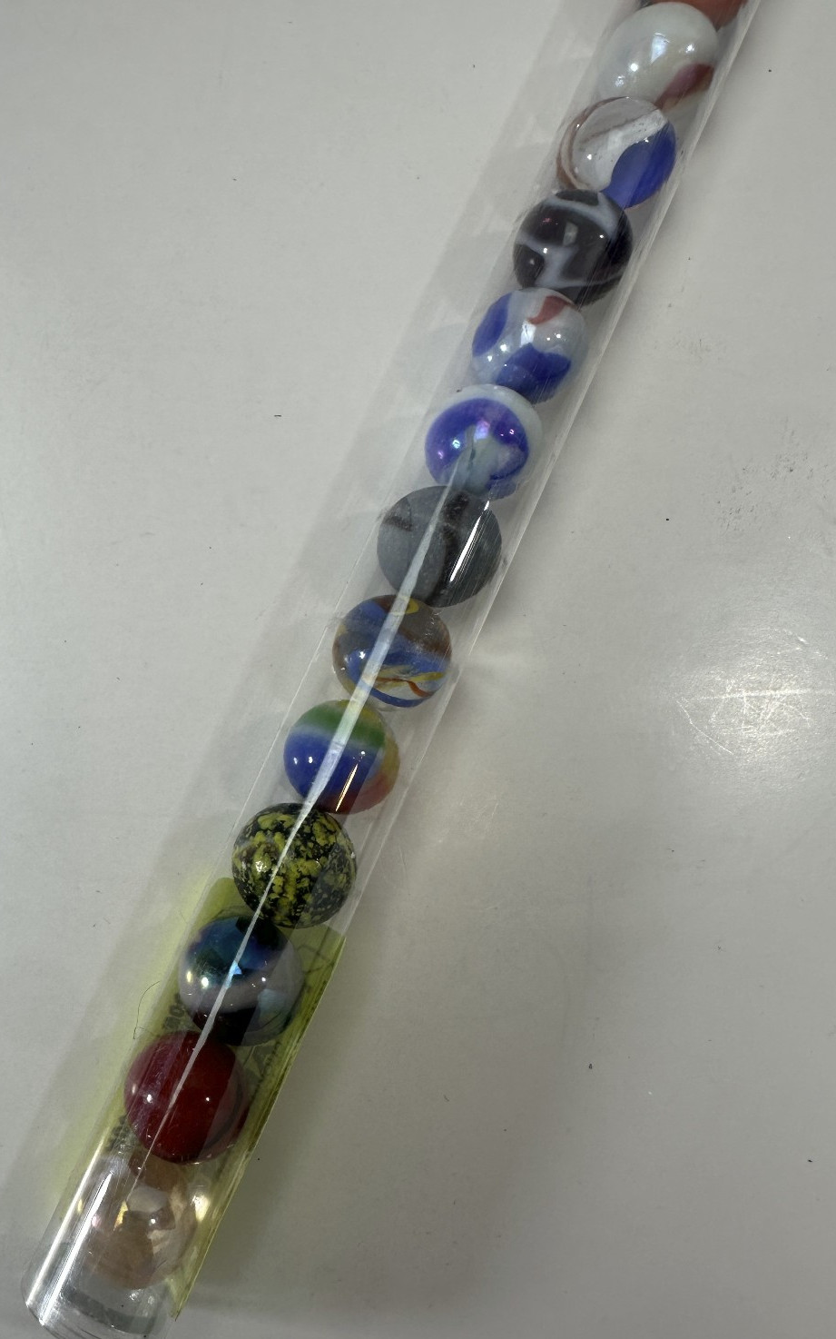 Moon Marble Company Tube of 20 Multicolored Marbles Lot Different Sizes