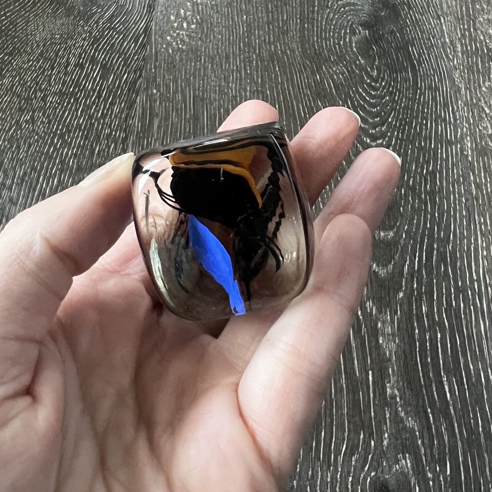 RARE SQUARE Shooter Rolf Wald Art Glass Cube Dice Blue Black & Orange Signed 90s