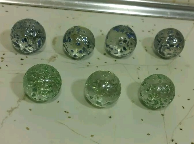 7 Vintage Small Blue & Green Speckled Glass Marbles Lot 4 Blues / 3 Greens