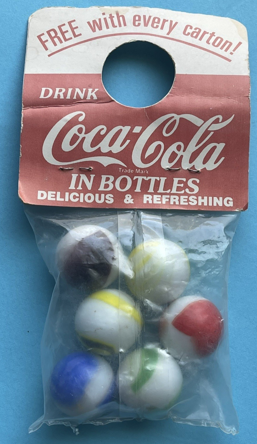 VTG COCA-COLA MARBLES SIX 6 FACTORY SEALED SHOOTER MARBLES YELLOW RED GREEN BLUE