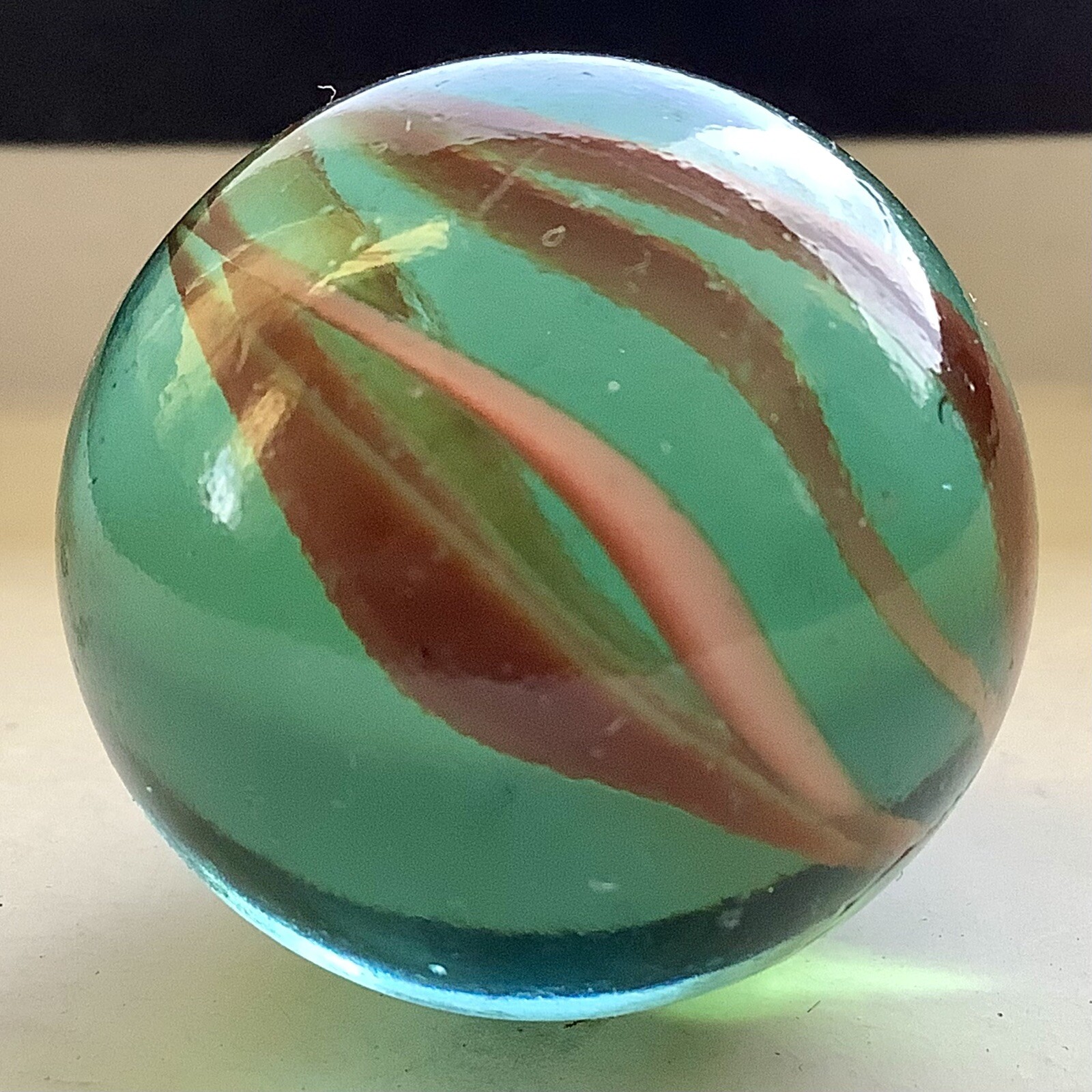 Vintage Estate Large 6 Vein Rust Red Color In Aqua Glass Shooter 1” Marble