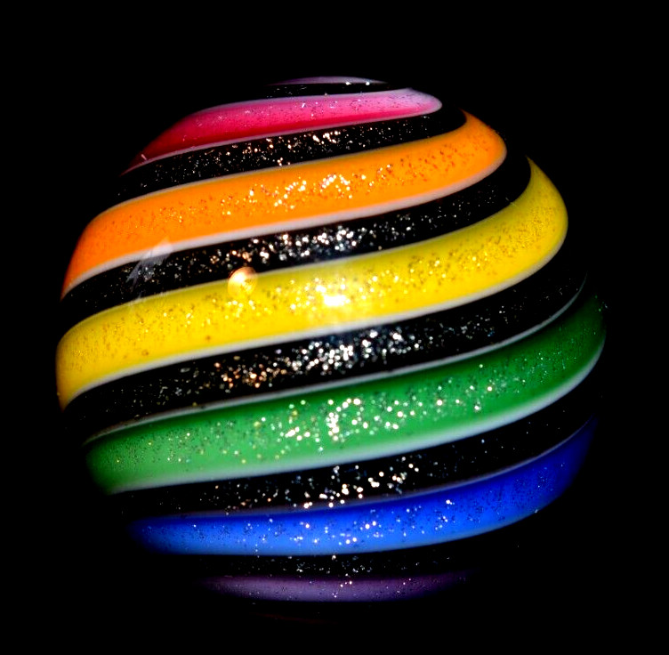 HOT HOUSE GLASS MARBLE/1.452″-FULL DICHROIC RAINBOW-LIME,YELLOW,MAGENTA,ROYAL+