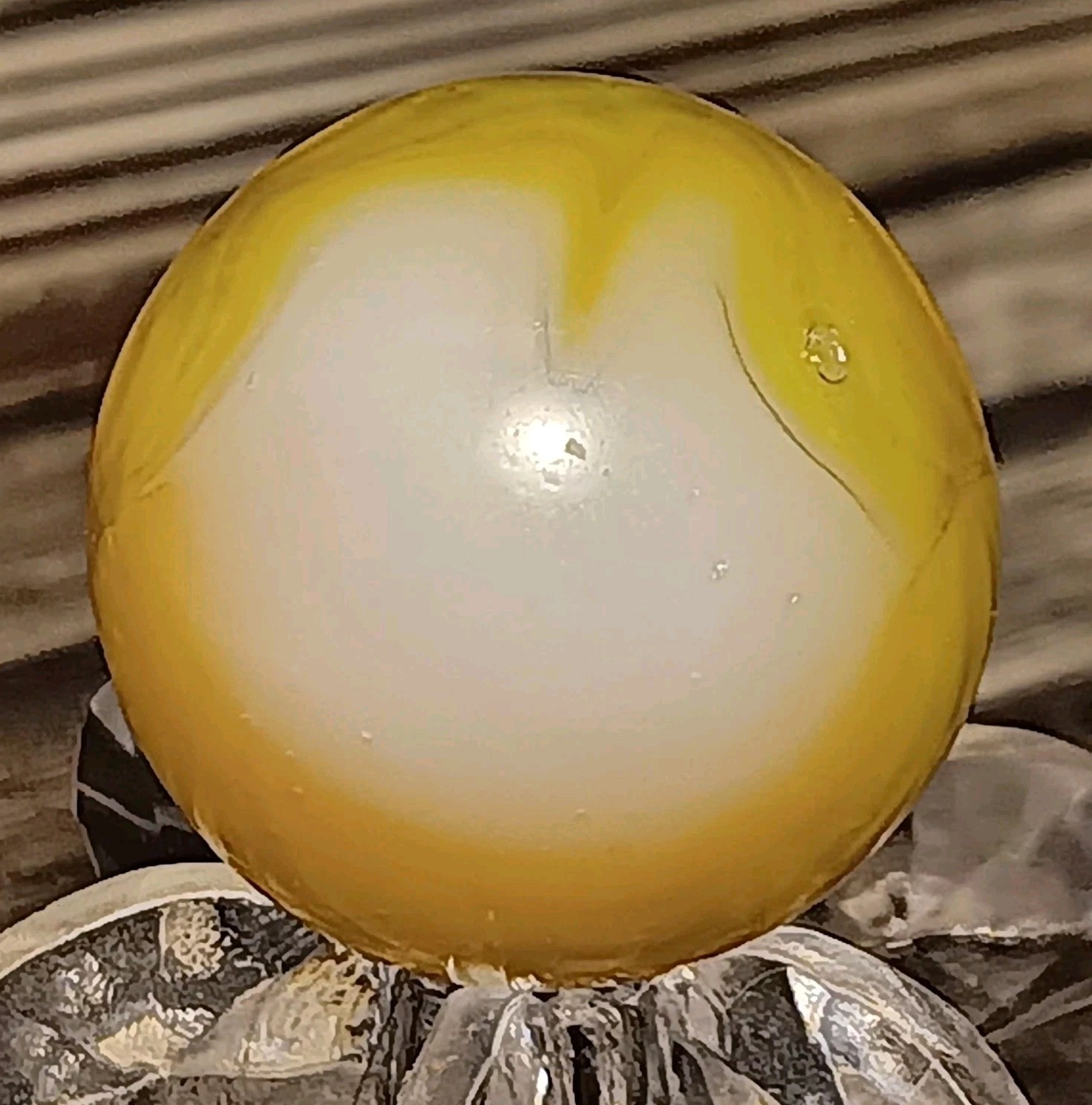 Peltier Glass Rainbo Marble. .63″ Nm(+) Nice Pattern. Yellow W/Brown Blends