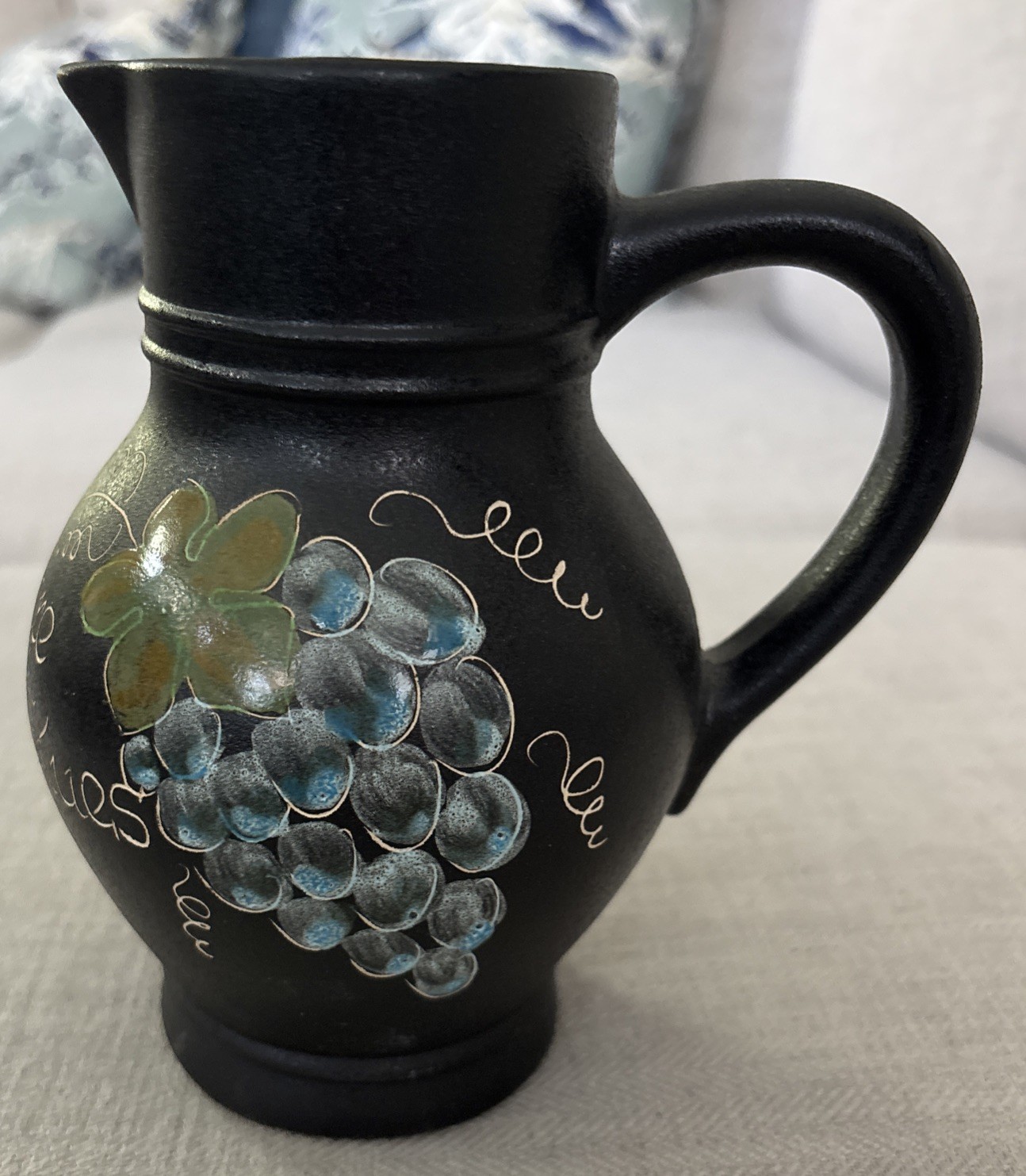Vintage German Dark Stoneware Jug W/Handpainted Details Grapes/Leaves #2134