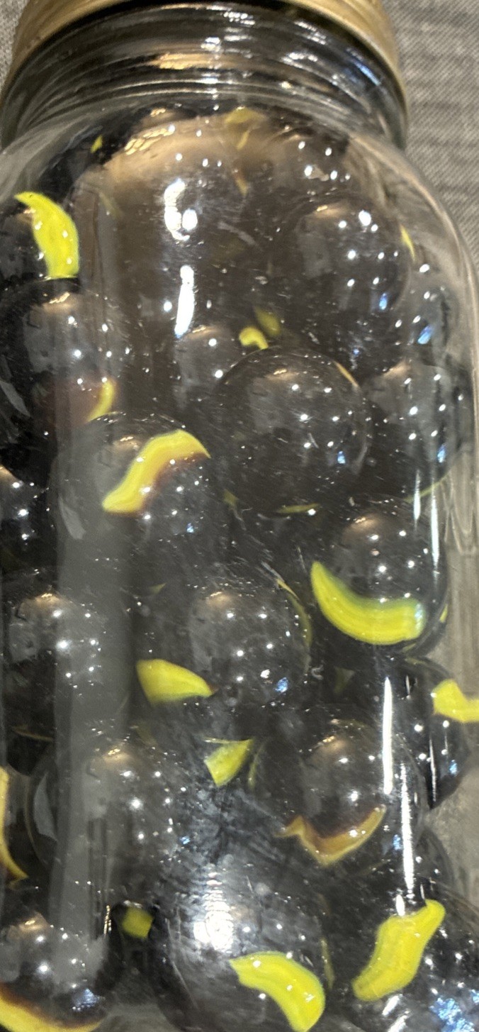Lot Of Blue Yellow Swirl Bumble Bee Marbles Large Marbles Vintage Quart Jar Full