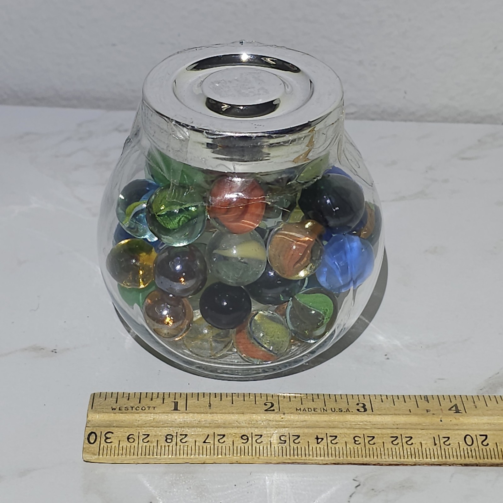 Glass Jar Of Vintage Marbles