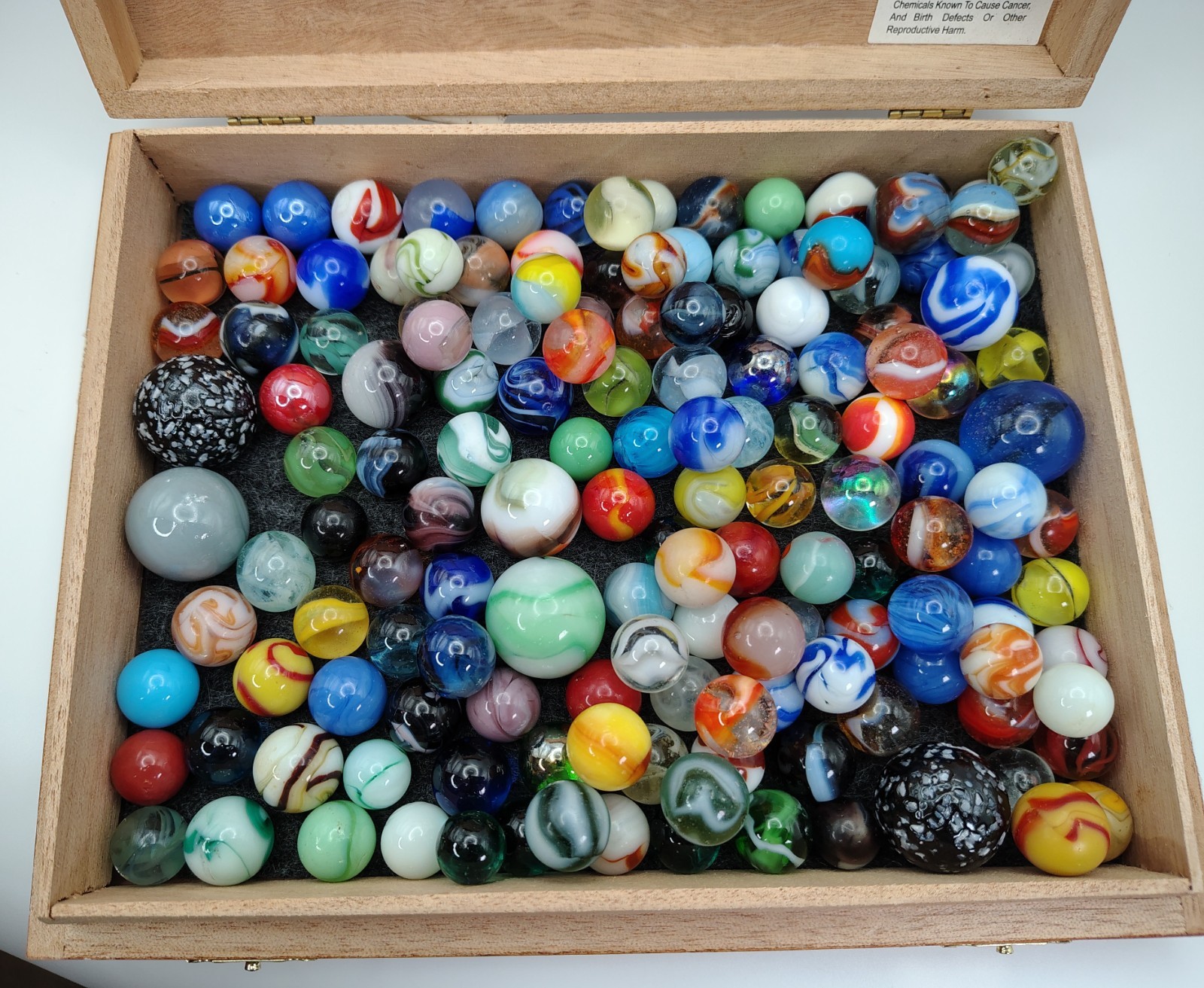 Cigar Box Full of Vintage Mixed Marbles, some UV NM-