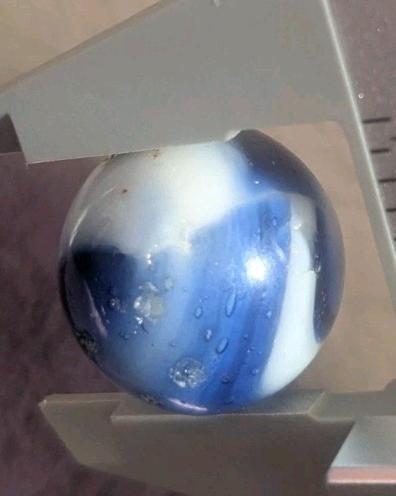 Blue White Glass Marble Shooter .98 Swirl Patches Hit Marks Opaque Vintage Toy