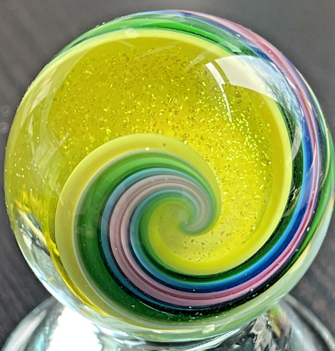 EDDIE SEESE MARBLE HANDMADE YELLOW DICHROIC DOUBLE TWIST 1.30” GOLD LUTZ FES 16