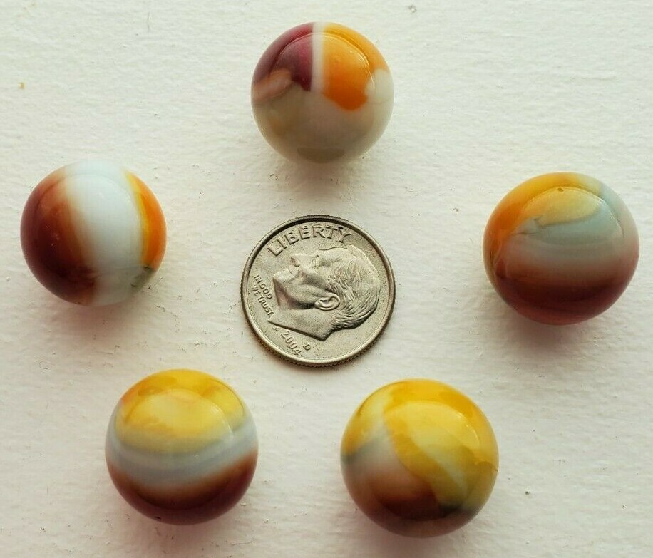 MINT 5 VINTAGE BEAUTIFUL WHITE MULTICOLOR SWIRL MARBLES 1970S & 1980S