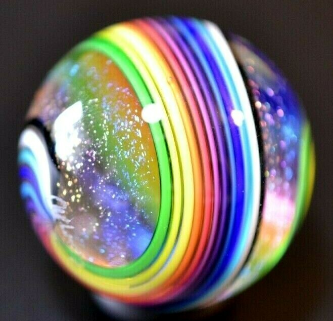 JAMES ALLOWAY GLASS MARBLE/1.238″-RAINBOW DICHROIC 1/2 SWIRL # 3130-SUPER FAST