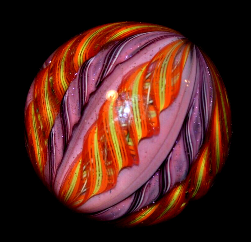 EDDIE SEESE GLASS MARBLE/2.128″-8 CANE FIRE & VIOLETS-ORANGE DICHROIC,MAGENTA +
