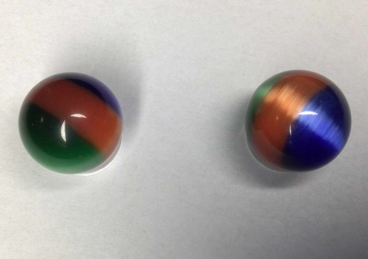 2 Outstanding 20mm Green, Blue & Orange Holographic Marbles (Origin Unknown)