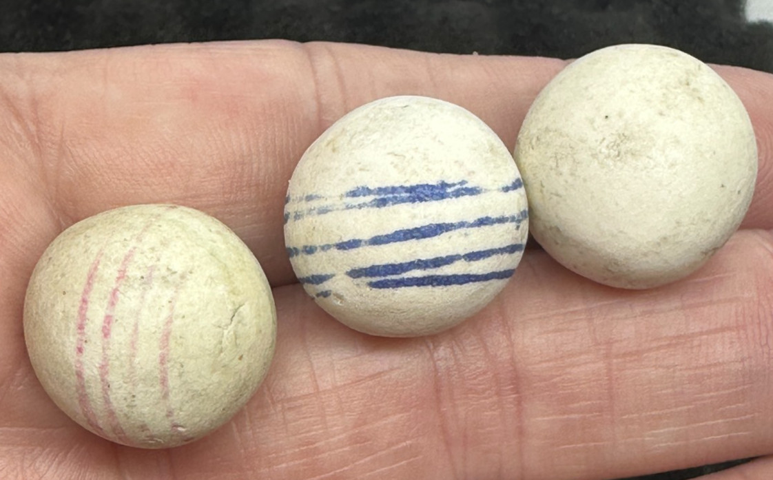 3 CHINA MARBLES ANTIQUE BLUE LINED 1800’s HANDMADE VINTAGE .74″-.77″ old toy