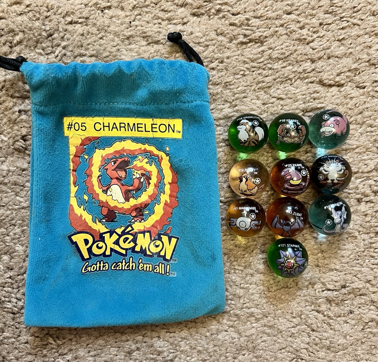 RARE Lot of 10 First 1st Edition Star Pokemon Marbles w/ Charmeleon Bag
