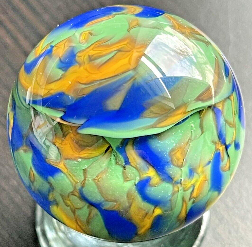 VINTAGE EDDIE SEESE MARBLE ART GLASS HANDMADE MARBLE BLUE YELLOW 1.73″ FES 01