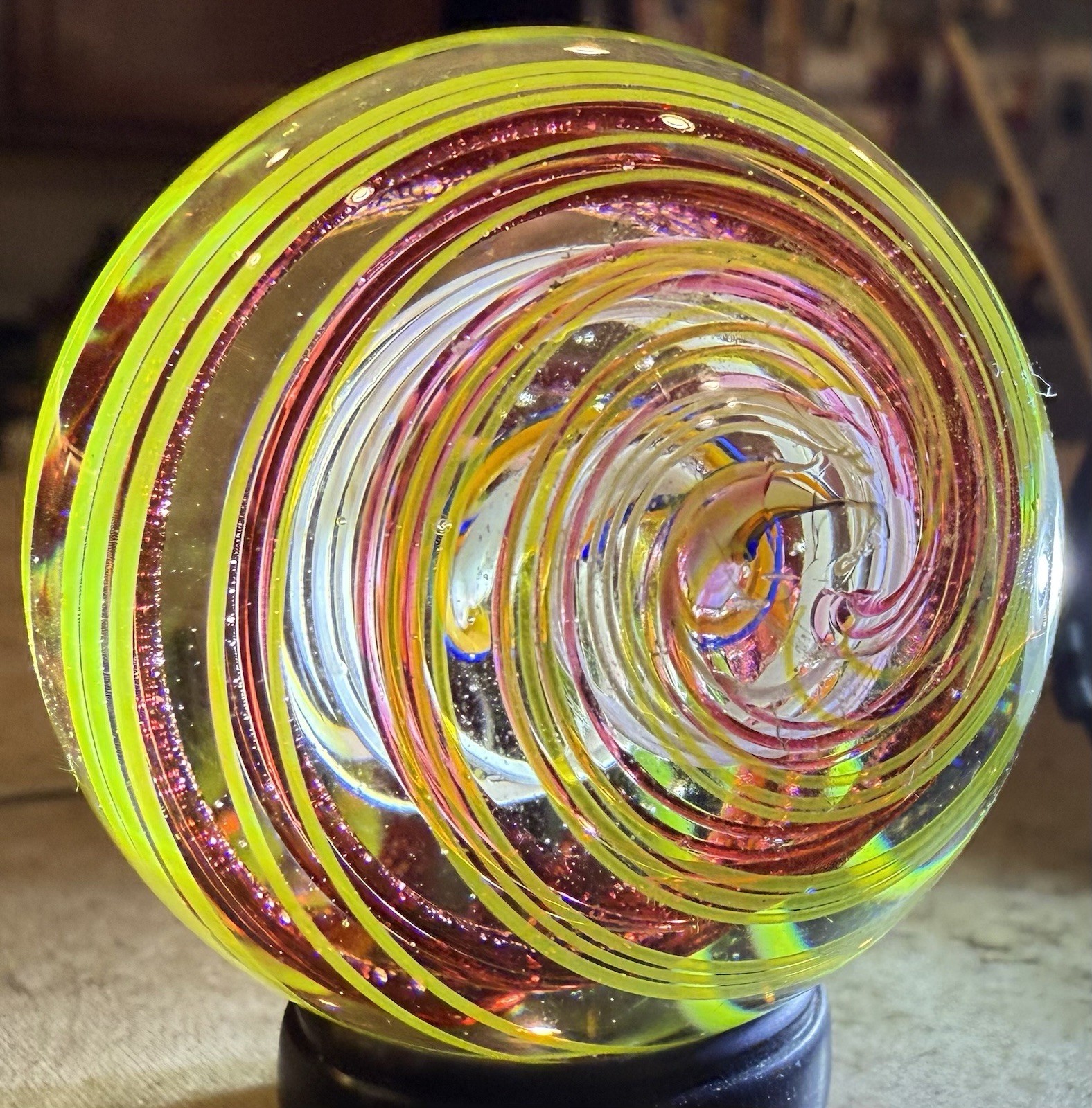 Studio Artist Signed Art Glass Marble 1.73” Latticino Ribbon Core Handmade