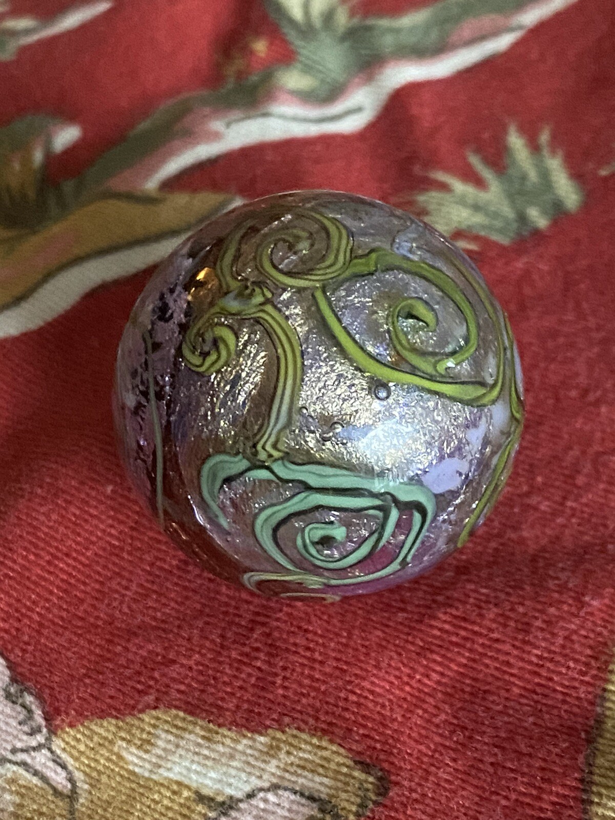 handmade art glass marble Silver Foil Encased Tiny Pink Bloom
