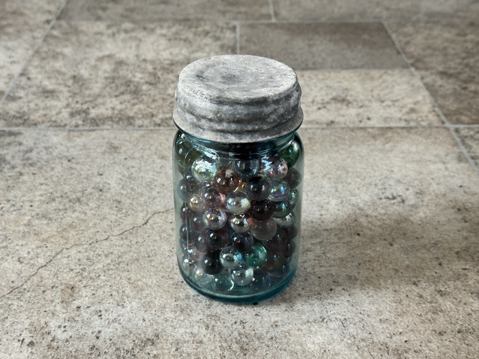 Vintage Ball Perfect Mason Jar Filled with 165+ Mixed Glass Marbles – Aqua Blue