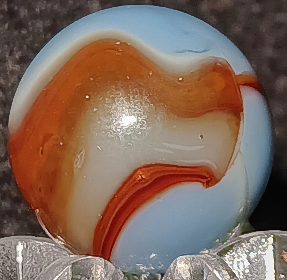 Vintage Peltier Glass NLR Hybrid Oxblood Marble. .60″ Mint. (HTF) UV Active