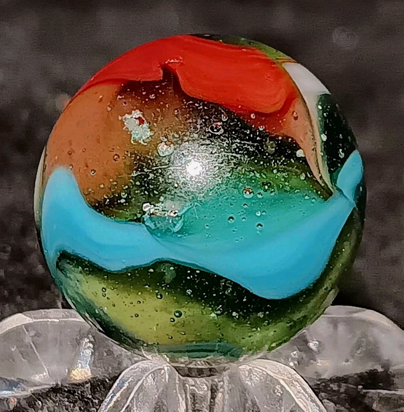 Vintage Pelter Glass NLR Multi-Color Rainbo Marble. W-Oxblood. .66″ Mint. HTF