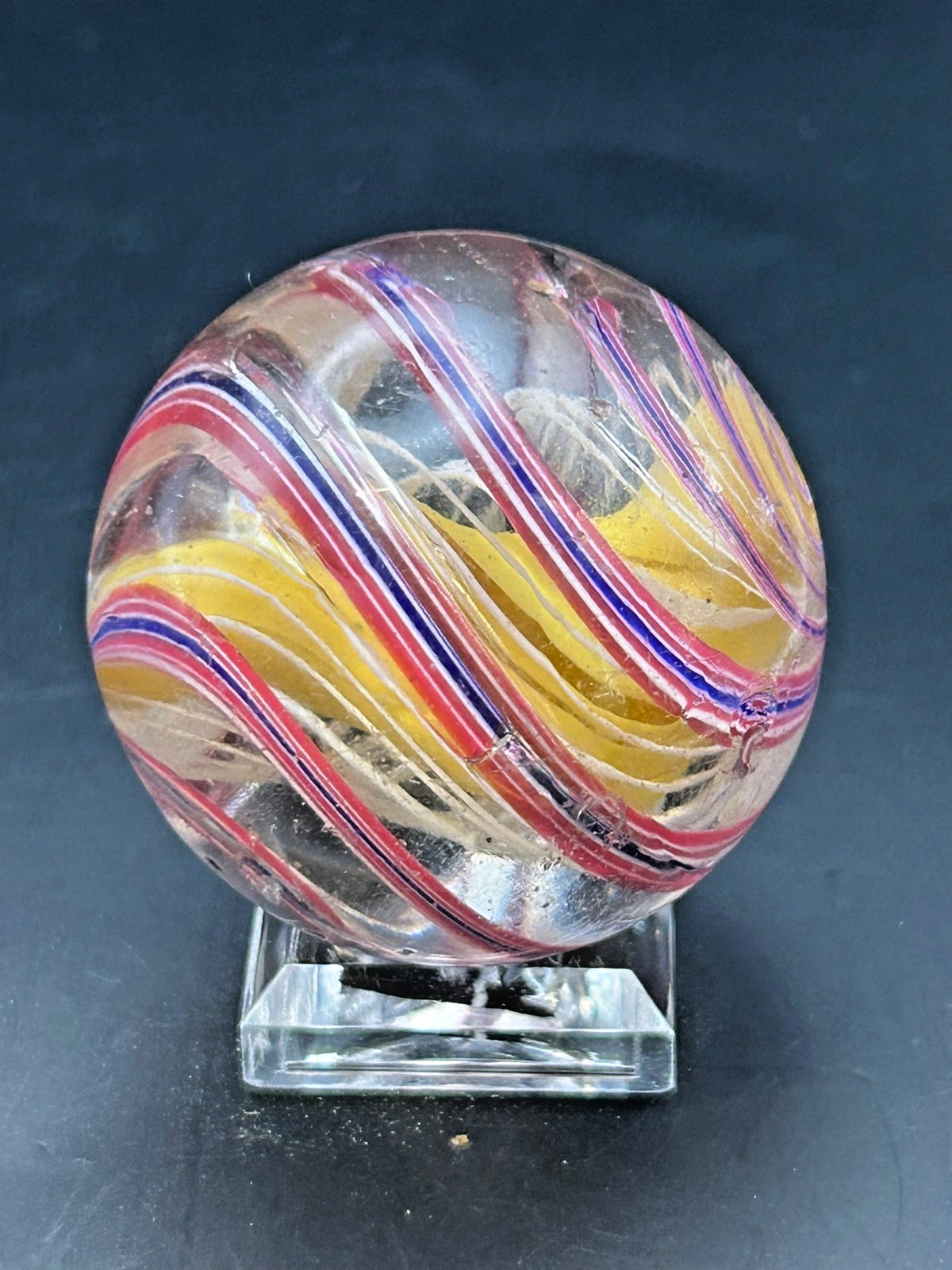Antique German 3 Stage Solid Core Latticino Ribbon Marble 1 15/32″ NM+ E3.1
